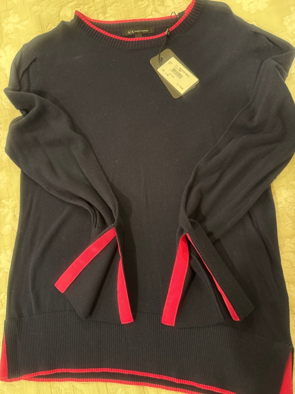 A/X Armani Exchange Navy Crewneck Sweater with Red Trim Accents
